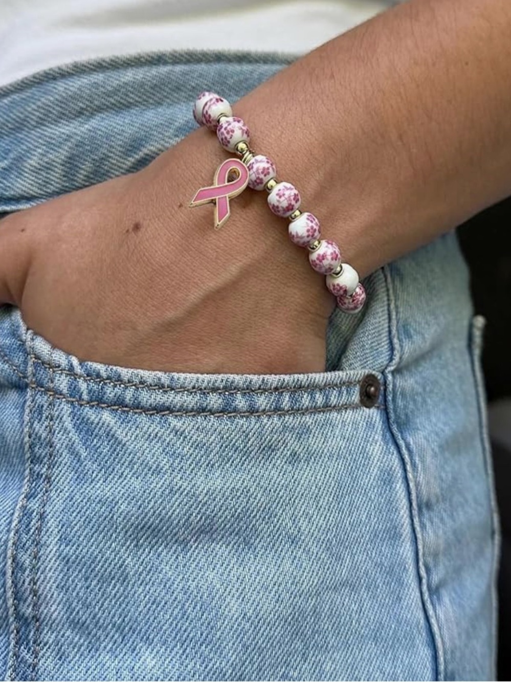 Anthropologie Pink Floral Bead Bracelet with Pink Ribbon Charm